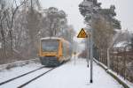 ODEG VT 650 bei Schneefall. Innerhalb 5 stunden ist am 27.01.2014 ca. 1.5 cm Schnee gefallen. Die ODEG bei der ausfahrt des Niderlehmer Bahnhof