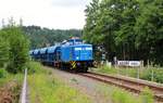 346 020-3 (345 213-3) der Press fuhr am 13.06.18 leere Schotterwaggons von Zwickau/Sachs.