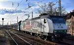 Eisenbahnbau- und Betriebsgesellschaft Pressnitztalbahn mbH, Jöhstadt (PRESS) mit ihrer  145 023-6  (NVR:  91 80 6145 083-2 D-PRESS ) und einem PKW-Transportzug (leer)am 29.01.24 bei der Vorbeifahrt Bahnhof Magdeburg Neustadt.