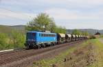 Ein Augenschmaus! Erste Begegnung mit der PRESS 140 038-0 (140 851-7)am 30.04.2012 bei Ellershausen. Unterwegs war sie mit Schotterwagen und Baugermpel in Richtung Norden.