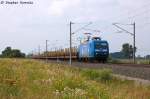 145 030-7 PRESS (145 085-7) mit einem leeren Holzzug in Vietznitz und fuhr in Richtung Nauen weiter. Netten Gru an den Tf! 23.07.2013