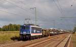 110 043 der PRESS rollte mit einem Autozug aus dem VW-Werk Zwickau-Mosel am 24.08.14 durch Rodleben Richtung Dessau. Bei ihr handelt es sich um die ehemalige Gewährleistungslok 110 511 des DB-Werk Dessau.