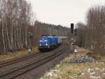 204 031 und 204 022 der Press fuhren am 26.11.15 einen Schnittholzzug von Wiesau nach Hof/Saale. Hier zu sehen bei der Einfahrt Hof.