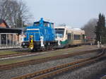Die PRESS 363 029 und der VT650 032,am 03.März 2017,in Putbus.Der VT650 brauchte den 02.und 03.März Vormittags nicht ausrücken.