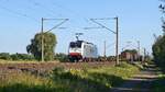 Railpool 186 494, vermietet an Lineas, mit Volvo-Logistikzug DGS 46255 Hallsberg RB - Gent Zeehaven (Hüde, 24.08.2022).