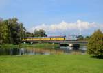 185 684 mit einem ARS-Altmann am 16.09.2014 auf der Isarbrücke bei Plattling.