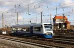 RTB 650 744-5 Rurtalbahn VT 744 Stadler Regio-Shuttle RS1 fhrt als  seltener Gast  aus Richtung Bitterfeld kommend am Gterbahnhof Halle Saale entlang, fotografiert am 20.02.2012

