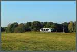 654 014 der Rurtalbahn rollt am 03.10.2014 im Abendlicht Richtung Bad Schmiedeberg. Bei Merschwitz hat der Zug gerade das Einfahrvorsignal des Bahnhofs Pretzsch passiert. Zum Jahresende werden die derzeit durch das Busunternehmen Vetter durchgeführten Zugfahrten eingestellt.