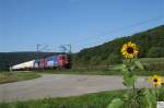 Zwei SBB Cargo Lokomotiven (vorne 421 378-1) ziehen an einem schnen Sptsommertag einen kurzen Gaskesselwagenzug.