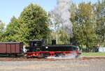 Gastlok SDG 99 608 mit dem P 177 nach Benndorf, am 30.09.2023 in Hettstedt-Kupferkammerhtte. Zum historischen Eisenbahnwochenende war die schs. IV K  bei der Mansfelder Bergwerksbahn im Einsatz.