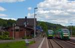 Zugbegegnung  auf der Oberwesterwaldbahn (KBS 461) am 04.05.2013 im Bahnhof  Nistertal / Bad Marienberg (früher Bf Erbach/Westerwald). 
Auf Gleis 1 (links) ist der Vectus VT 207   (95 80 0640 107-8 D-VCT) ein LINT 27 als RB nach Limburg (Lahn) gerade eingefahren. Auf Gleis 2 (rechts) steht der Vectus VT 256 (95 80 0648 156-7/656-6 D-VCT) ein LINT 41 als RB nach Au (Sieg) über Altenkirchen, dieser Zug musste hier den Gegenzug abwarten, da die Strecke eingleisig ist. 

Ab Juli 2015 wird die Farbgebung auf dieser  Strecke auch anders aussehen. Dann fährt hier auch die Hessische Landesbahn GmbH (HLB), wobei dann von Limburg durchgängig bis Siegen als RB 28 fahren wird (Limburg – Altenkirchen – Au – Betzdorf – Siegen – teils bis Kreuztal). Ab Au (Sieg) ist es dann die Siegstrecke (KBS 460).

Die vectus Verkehrsgesellschaft mbH  wird es dann wohl nicht mehr geben, die derzeitigen Gesellschafter der vectus sind die Hessische Landesbahn (74,9%) und die Westerwaldbahn (25,1%).

Bleibt nur zu hoffen dass die Fahrzeiten nicht allzu lang sein werden,
denn heute ist man von Limburg schon 2 Stunden bis Au unterwegs, von dort es dann wieder eine 3/4 Stunde bis Siegen. Mit dem Auto braucht man für die Strecke max. 1 1/2 Stunden.

