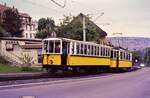 Ein Zug der Stuttgarter Zahnradbahn mit Vorstellwagen 120 und TW 104 unmittelbar vor der Station Haigst.
Datum: 15.09.1984