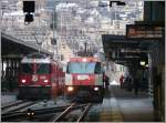 Es stehen abfahrbereit in Chur RE1248 nach Disentis/Must�r mit Ge ...