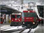 e-loks-ge-4-4-ii RE1216 nach Disentis/Must�r mit Ge 4/4 II 628 'S-chanf' und Ge 4/4 III 642 'Breil/Brigels' mit RE1125 nach St.Moritz stehen abfahrbereit in Chur. (29.01.2010)