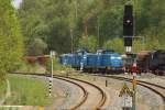 Eisenbahnmuseum Schwarzenberg Die Blaue-Fraktion macht sich bereit f�r die Lokpaarade der Schwarzenberger Eisenbahntage (16.05.2010). Von links nach rechts 102 082-5, 363 006-6 und 293 016-3.