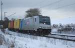 EVB Eisenbahnen und Verkehsbetriebe Elbe Weser GmbH Sie l�sst mich nicht los: 185 672-3 mit Containerzug in Fahrtrichtung S�den am 03.02.2010 bei Cornberg.