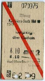Fahrkarte Eilzug
Deutsche Reichsbahn
Ausgabeort: Karl-Marx-Stadt
Datum: ...  Ulli Uhlig 27.09.2011