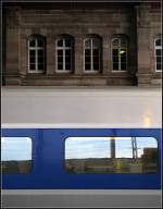 Alt und neu -     Moderner TGV vor dem Straßburger Bahnhofsgebäude.