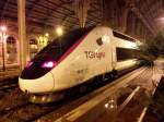 TGV POS 3-voltage in Lyria livery (unit 4412) from Geneva shortly after arrival at Nice Ville. Picture taken on the evening of 28 January, 2013.