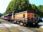 Frankreich, Languedoc, Gard, Bahnhof von Saint-Jean-du-Gard,  Train à vapeur des Cévennes  von Anduze nach Saint-Jean-du-Gard. Die ex SNCF BB463812, die früher um Metz im Einsatz war, bringt den Personenzug wieder nach Anduze. 07.08.2014. 
http://www.trainavapeur.com