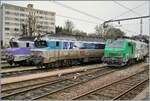 Bild füllend präsentieren sich in Mulhouse die SNCF CC 72190, CC 72158 und die BB 37045.