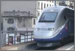 Zwei Fortbewegungsmittel, wie sie unterschiedlicher nicht sein knnten, Auf Gleis 8 in Genve steht TGV Duplex 287 und gleich daneben an einem der letzten alten Gebude das Hochrad. (05.06.2007)