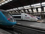 Farb- und Formvergleich  Im Pariser  Gare de Lyon  (Halle 1) treffen sich mehrere Varianten der TGV-Schnellzüge.