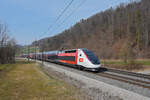 TGV Lyria 4724 fährt Richtung Bahnhof Gelterkinden. Die Aufnahme stammt vom 12.03.2022.