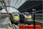 Eurostarzüge der alten und neuen Generation in London St Pancras.