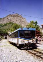 Triebwagen X302 der Chemin de Fer de Provence (Meterspur-Adhsionsbahn) in der Station Entrevaux 478m, im Juli 2007.