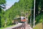 GGB Gornergratbahn GGB Bhe 4/8 .... und Bhe 4/8 .... der ersten Generation in Findelbach. August 2009