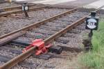 Gleise und Weichen Eine Gleissperre am Haldensleber Bahnhof.