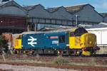 DRS class 37/4 locomotive # 37558 with BR Large Logo     (original number was D6979, TOPS renumbering to 37279,  renumbered as an electric train heating (ETH) fitted locomotive to 37424)  stabled at