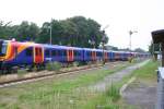 2 Triebzge in Doppeltraktion (Baureihe ist mir unbekannt) der Southwest-Railways (GB) auf der berfhrungsfahrt vom Siemens-Prfcentrum-Wildenrath im Bahnhof Mnchengladbach-Rheindahlen (Deutschland)gezogen von einer MaK G1206