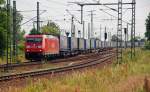 halle-saale 185 167 zieht am 03.07.10 einen LKW-Walter in den Rbf Halle(S). Fotografiert vom Bahnsteig aus.