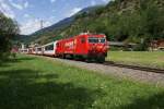 hge-4-4 HGe 4/4 II 106 zieht am 13.7.10 den letzten der insgesamt vier Glacier-Express, den D 908, von Bitsch Richtung M�rel.
