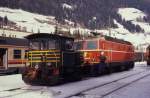 Grenzbahnhof San Candido / Innichen am 21.1.1991
Die italienische Rangierlok 214036 verschiebt die Wechselstromlok
1044.104 der BB.