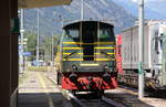 Ein Bilck auf die D245 6055 von FS Trenitalia rangiert in Domodossola(I). 
Aufgenommen von Bahnsteig in Domodossola(I). 
Bei Sommerwetter am Nachmittag vom 29.7.2019.