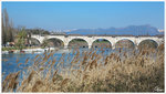 FS E655 zieht einen Güterzug über den Fluß Minico in Peschiera del Garda.