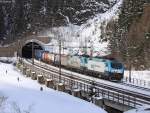 A pair of RTC EU43`s approach Brennero with a northbound cargo train, 26 March 2014.