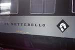 06 june 1985, logo of ETR 302 named  settebello  as for the playing card. This kind of card is the symbol of the best card of the playing card game, and this is the best of the trains. The maximum speed is 200 kmh, the train has 7 coach, the two head coaches have panoramic lounges, while the driving cabins are above the roof. This train was build between 1952 - 1959. They runs from Roma to Milano. Today the ETR 302 is preserved and run for the special trains. 