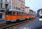 berland Strassenbahn Milano - Desio, Aufnahme von Gespann 833 + 802 + 834 in Niguarda, Via Graziano Imperatore, 25.08.1992.