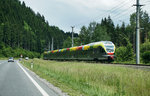 Nachschuss des ETR 170 137-3 als REX 1865 (Fortezza/Franzensfeste - Lienz), nahe Mittewald a. d. Drau.
Aufgenommen am 19.6.2016.