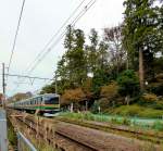 Serie 231 für weite Distanzen um Tokyo herum (Serie 231-1000): Zug 231-8037 in Kita Kamakura auf der Miura-Halbinsel südöstlich von Tokyo, am Eingang des Engakuji-Tempels.