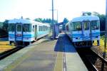 Die Tosa Kuroshio-Bahn (Westabschnitt), Triebwagen 8002: Pnktlich auf die Sekunde trifft aus der Gegenrichtung Triebwagen 8011  Kirschblte  ein.