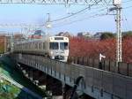 Keiô-Konzern, Inokashira-Linie, neue Serie 1000: Der weisse Zug Nr.30 (westseitiger Endwagen 1730) trifft vor rot gefärbten Laubbäumen in Tokyo-Takaido ein, 25.November 2009. 