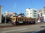 Die ältesten Strassenbahnwagen von Hiroshima - die Wagen aus Ôsaka, Serie 751: Wagen 769 in der Nähe der Zentralwerkstätte der Strassenbahn Hiroshima.