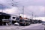 Die Strassenbahn von Kyoto. Wagen 1839 in Shimo Kamo, 15.Feb.1977. Die 1894 erffnete Strassenbahn von Kyoto wurde (ausser 2 Stilllegungen 1958 und 1961) zwischen 1970 und 30.Sep.1978 vollstndig aufgehoben. 