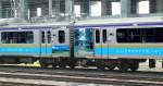 Serie 701 des Bezirks Morioka: Einige Züge tragen Werbung für die natürlichen und kulturellen Schönheiten der Gegend. Bild: Zug 701-1021 in Ichinoseki, 5.Juli 2010. 