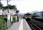 Die Haltestelle Yuda Onsen zur Kirschblütenzeit. Einfahrt des KI-HA 47 81 aus Yamaguchi. 6.April 2008.